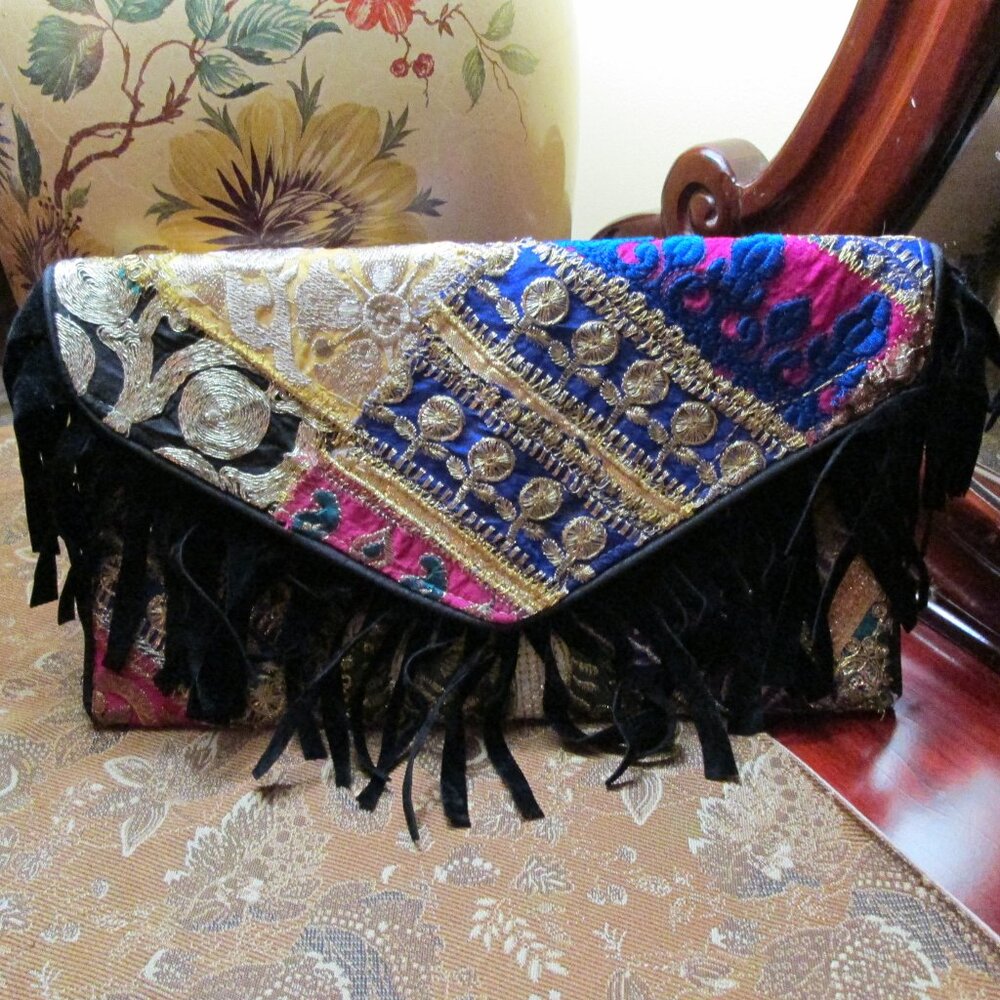 Tibetan Handicraft Fabric Patchwork Purse with Velvet Fringe